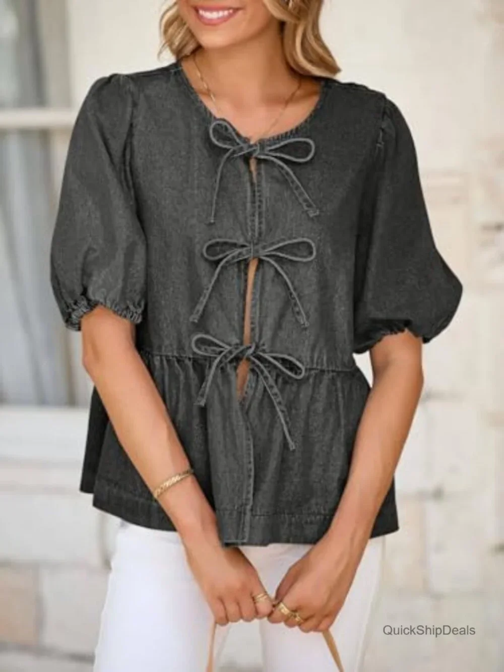 Denim Tie Front Babydoll Blouse with Puff Sleeves Peplum Top